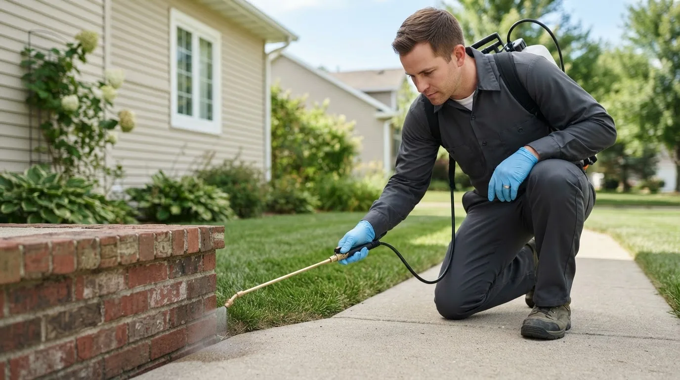 Pest control technician treating a home near Wheaton, IL